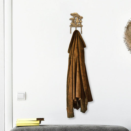 Perchero de pared de hierro fundido con tres ganchos y diseño de hongo, de 5" y dorado envejecido
