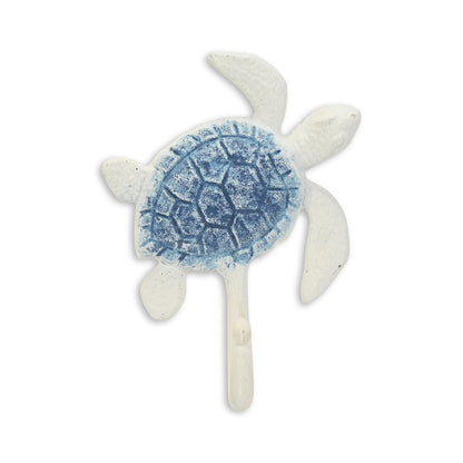 Gancho de pared de hierro fundido azul y blanco de 4" con forma de tortuga