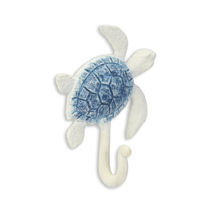 Gancho de pared de hierro fundido azul y blanco de 4" con forma de tortuga