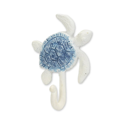 Gancho de pared de hierro fundido azul y blanco de 4" con forma de tortuga