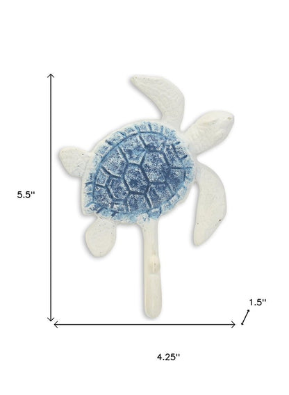 Gancho de pared de hierro fundido azul y blanco de 4" con forma de tortuga