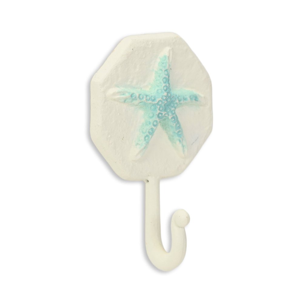 Gancho de pared de hierro fundido en forma de estrella de mar de 4" en color aguamarina y crema
