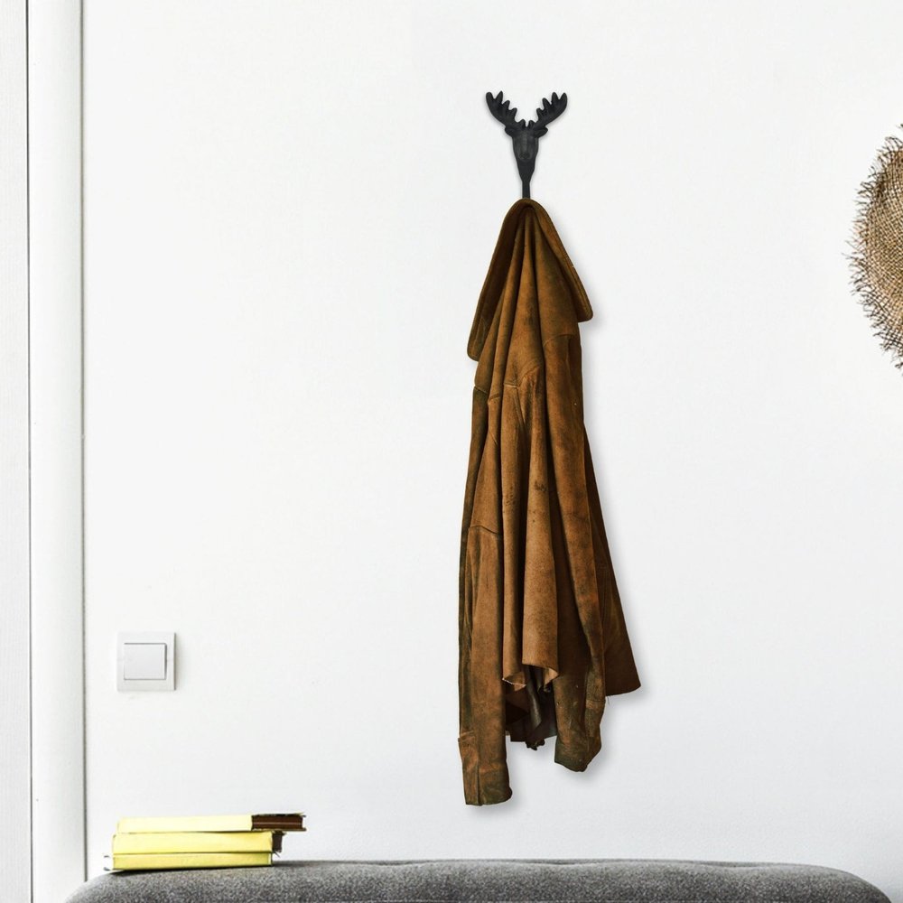 Gancho de pared de hierro fundido negro de 3" con forma de ciervo