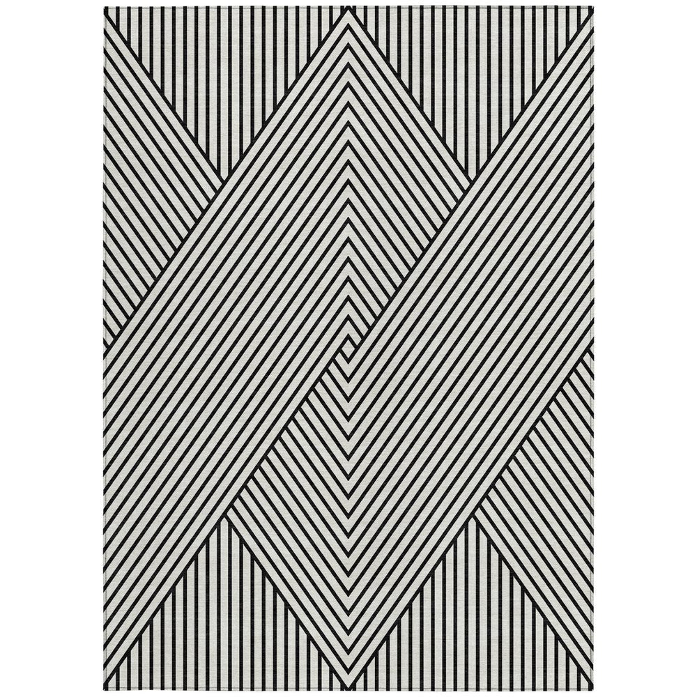 9' X 12' White And Black Geometric Washable Indoor Outdoor Area Rug