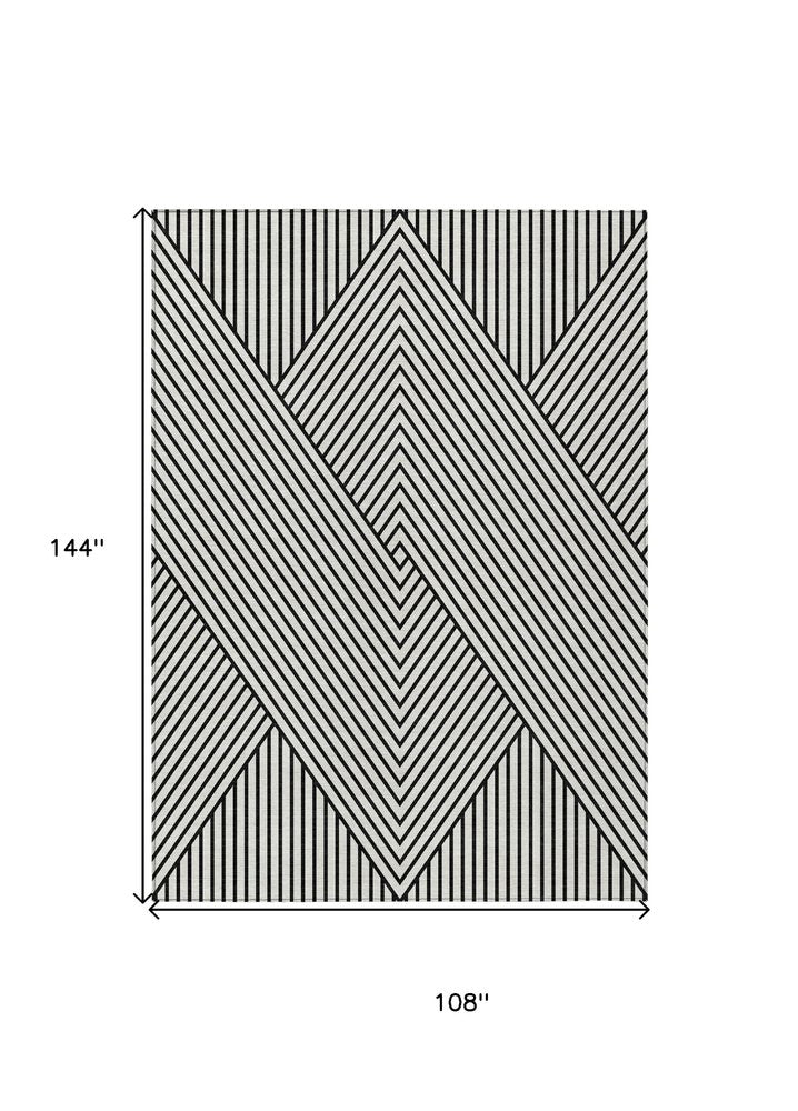 9' X 12' White And Black Geometric Washable Indoor Outdoor Area Rug