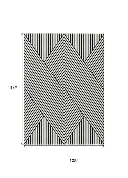 9' X 12' White And Black Geometric Washable Indoor Outdoor Area Rug