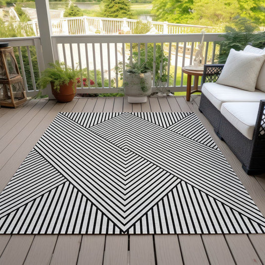 9' X 12' White And Black Geometric Washable Indoor Outdoor Area Rug