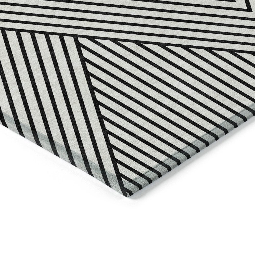 9' X 12' White And Black Geometric Washable Indoor Outdoor Area Rug
