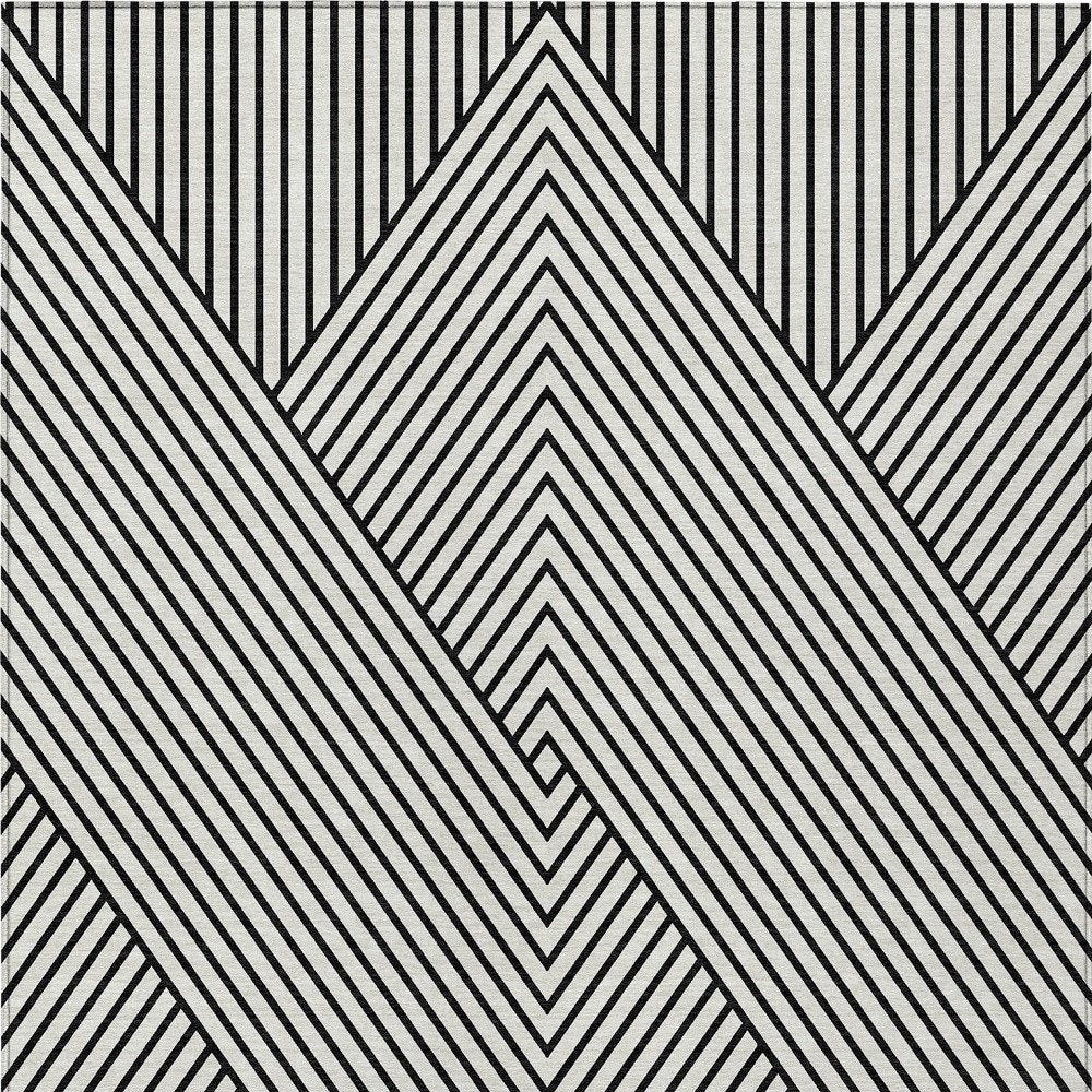 9' X 12' White And Black Geometric Washable Indoor Outdoor Area Rug