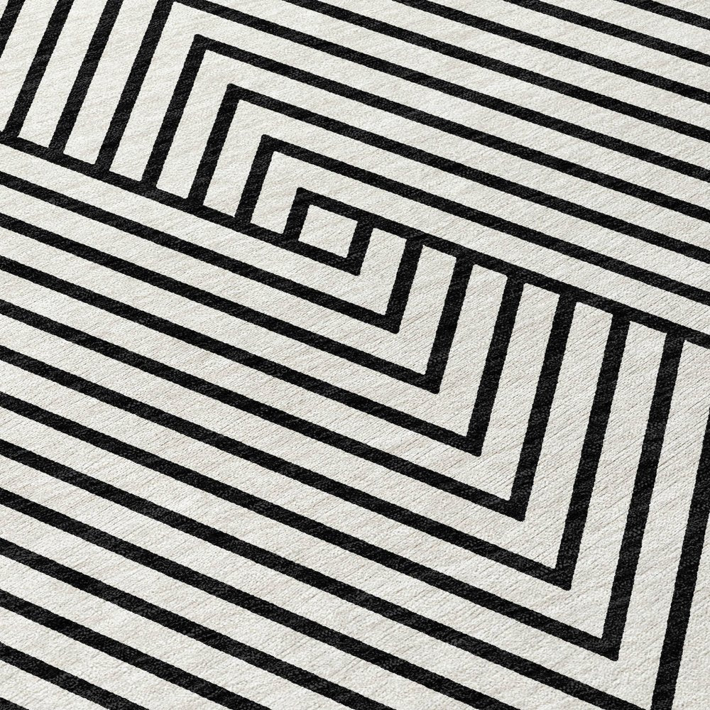 9' X 12' White And Black Geometric Washable Indoor Outdoor Area Rug
