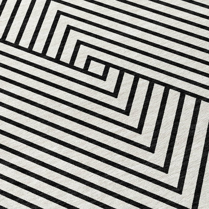 9' X 12' White And Black Geometric Washable Indoor Outdoor Area Rug