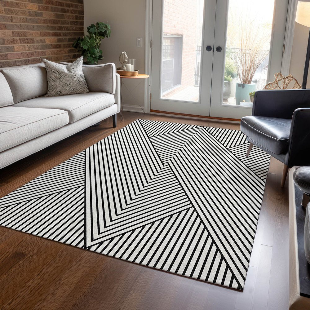 9' X 12' White And Black Geometric Washable Indoor Outdoor Area Rug