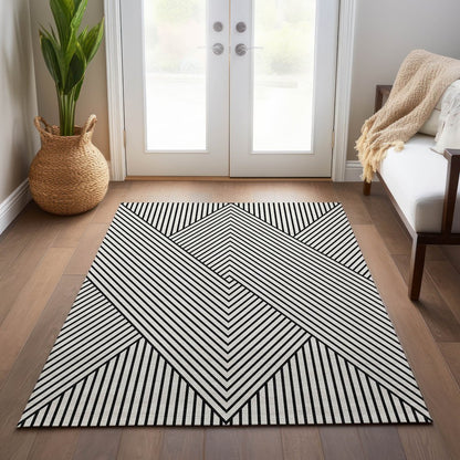 9' X 12' White And Black Geometric Washable Indoor Outdoor Area Rug