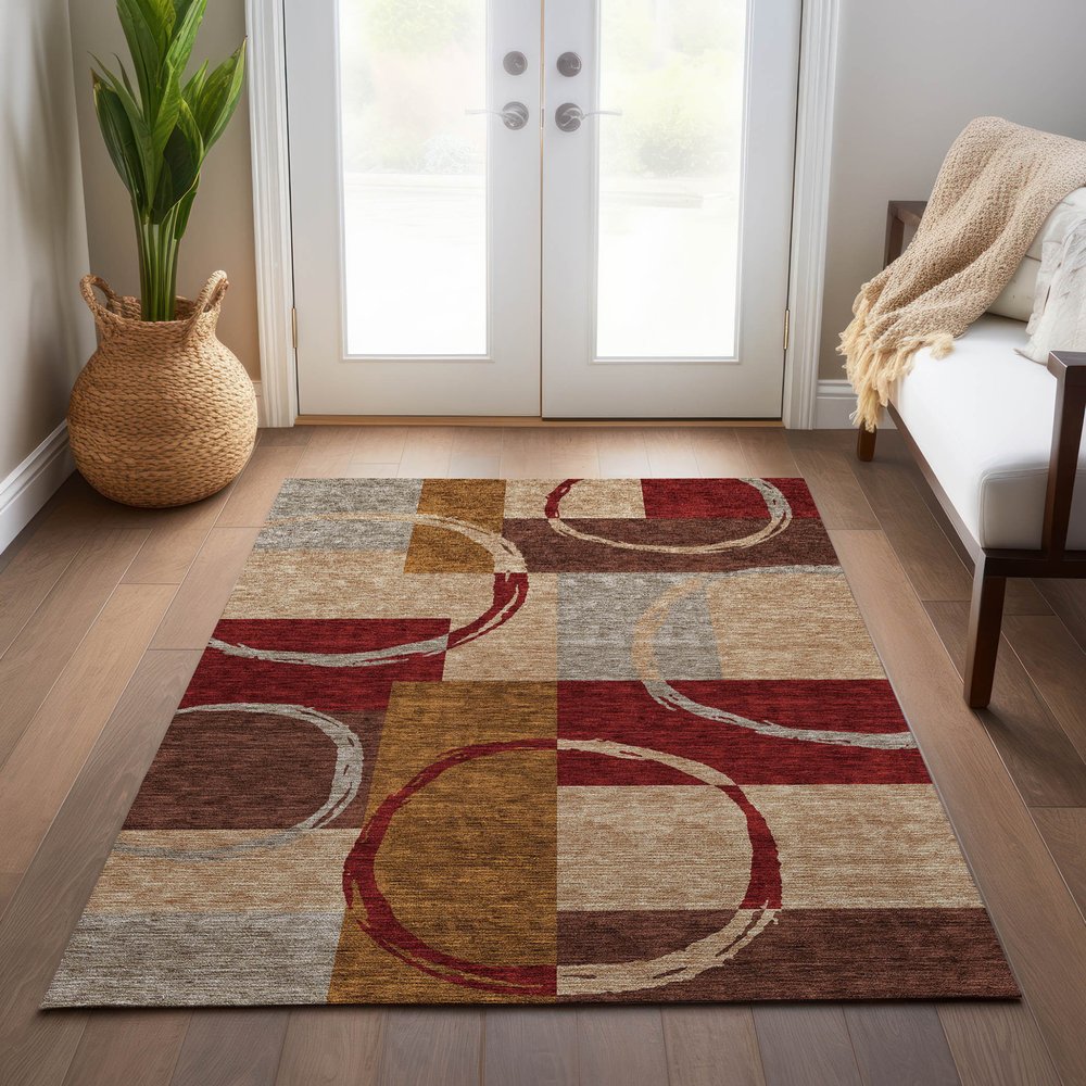 9' X 12' Wheat And Burgundy Geometric Washable Indoor Outdoor Area Rug