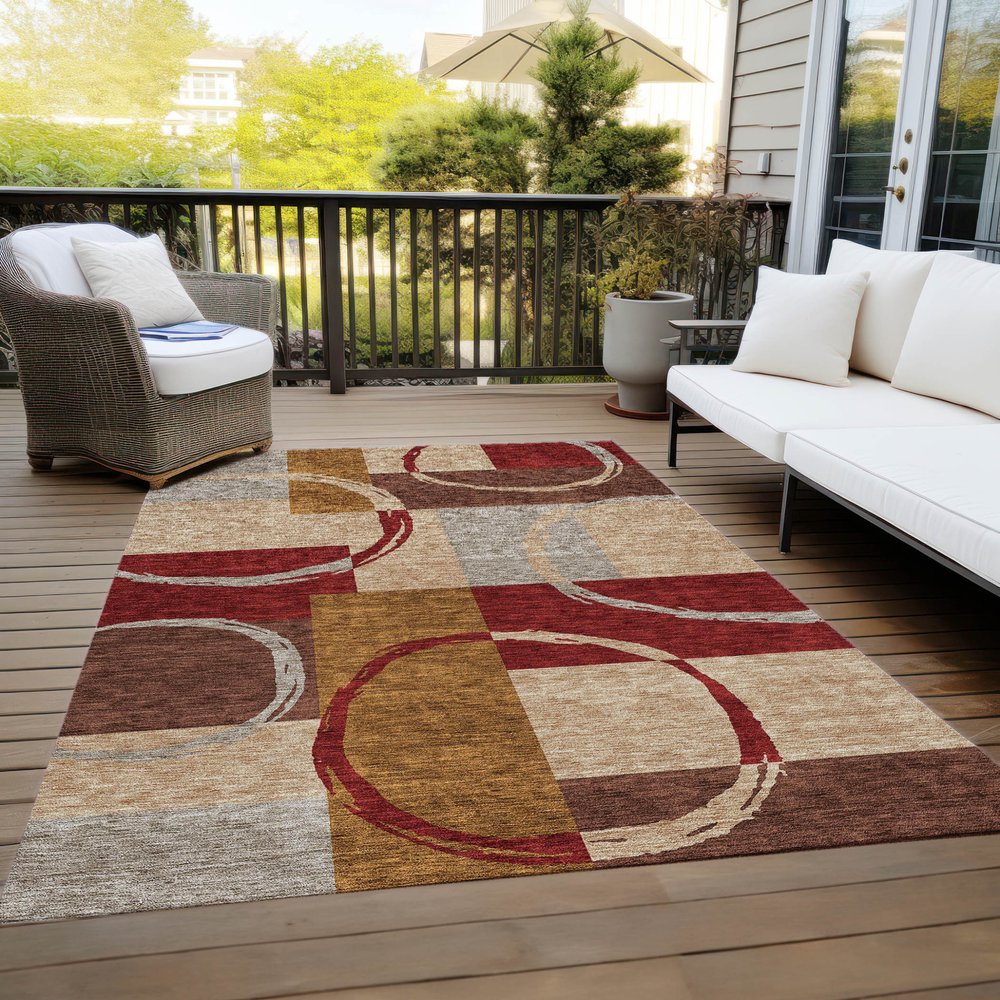 9' X 12' Wheat And Burgundy Geometric Washable Indoor Outdoor Area Rug