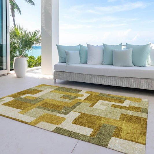 9' X 12' Wheat Ivory And Gold Geometric Washable Indoor Outdoor Area Rug