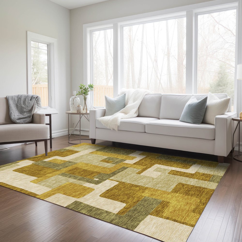 9' X 12' Wheat Ivory And Gold Geometric Washable Indoor Outdoor Area Rug