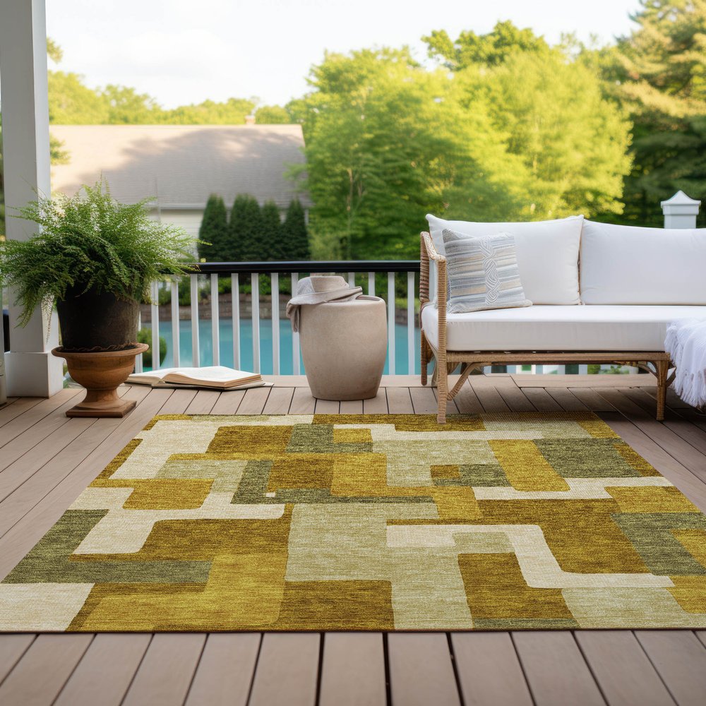 9' X 12' Wheat Ivory And Gold Geometric Washable Indoor Outdoor Area Rug