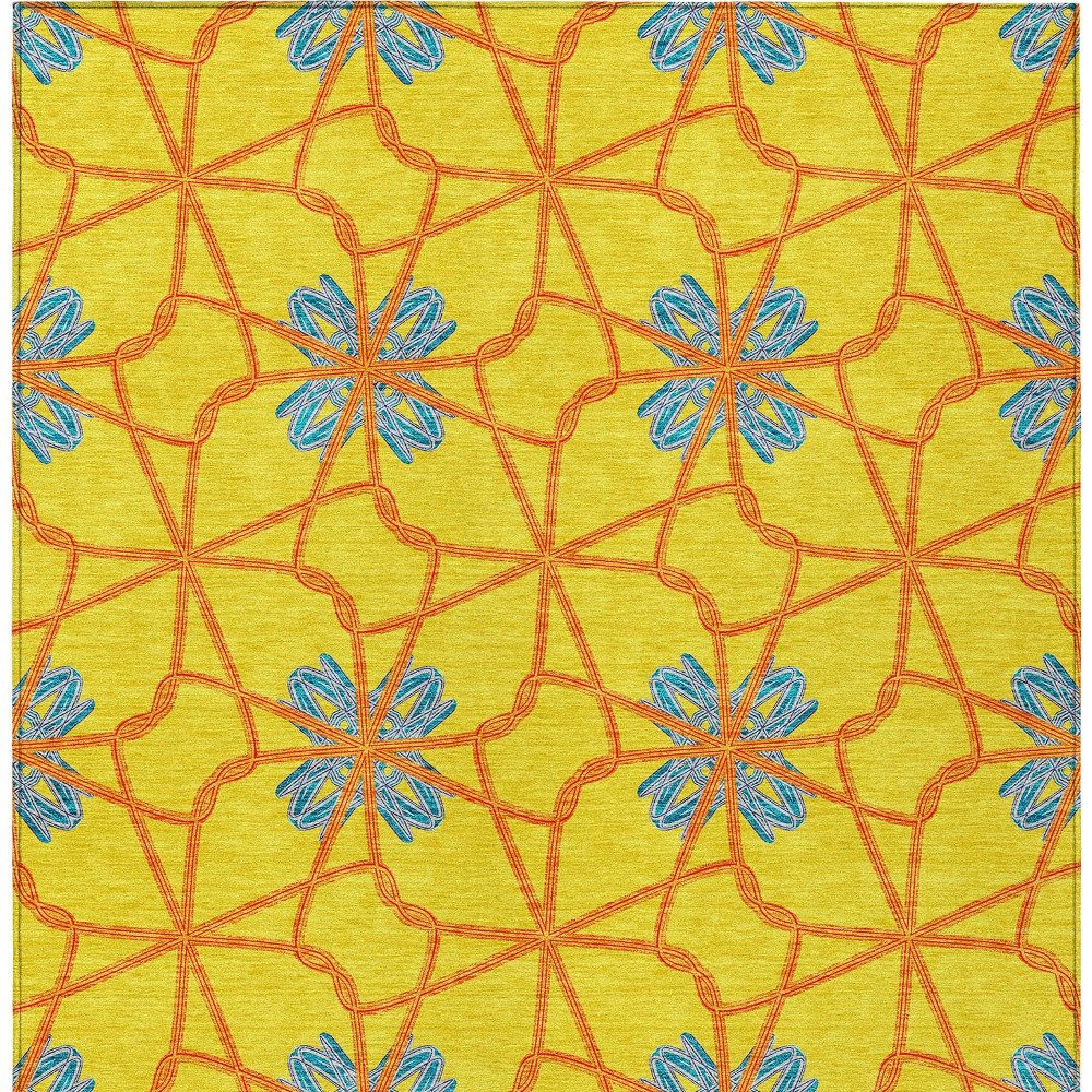 9' X 12' Yellow And Teal Blue Geometric Washable Indoor Outdoor Area Rug