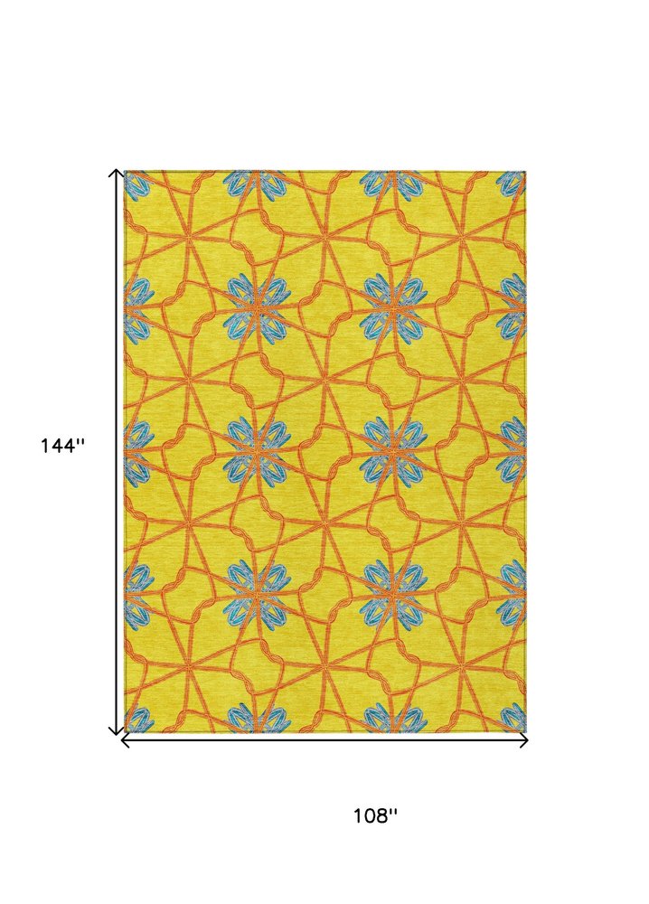 9' X 12' Yellow And Teal Blue Geometric Washable Indoor Outdoor Area Rug