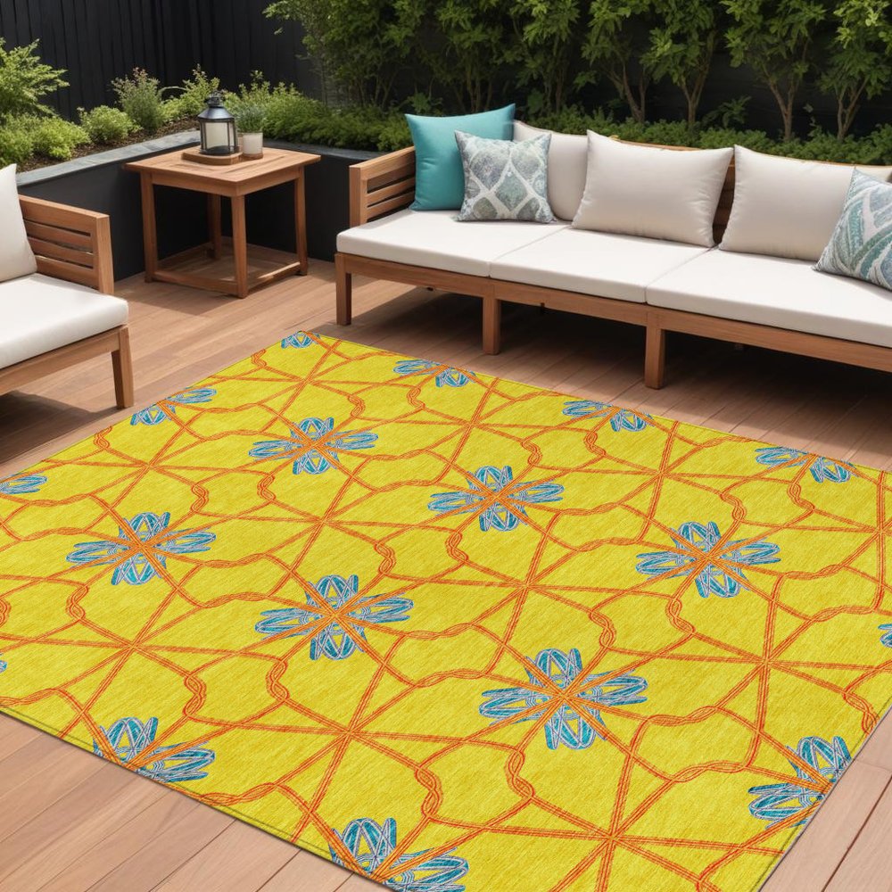 9' X 12' Yellow And Teal Blue Geometric Washable Indoor Outdoor Area Rug