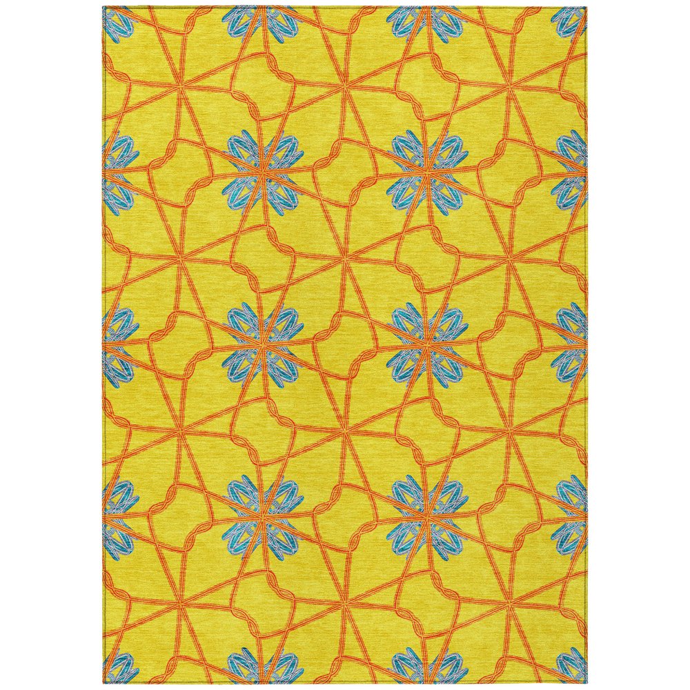 9' X 12' Yellow And Teal Blue Geometric Washable Indoor Outdoor Area Rug