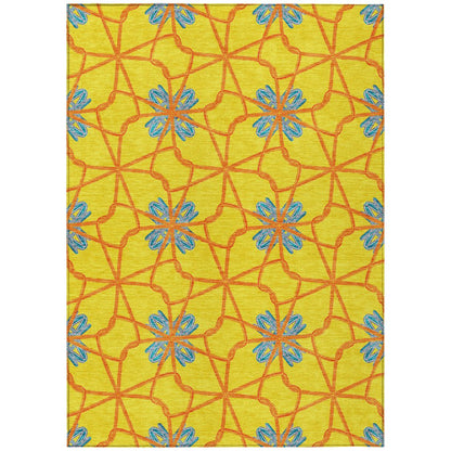 9' X 12' Yellow And Teal Blue Geometric Washable Indoor Outdoor Area Rug