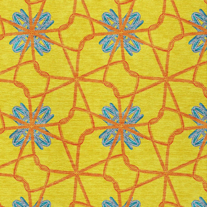 9' X 12' Yellow And Teal Blue Geometric Washable Indoor Outdoor Area Rug