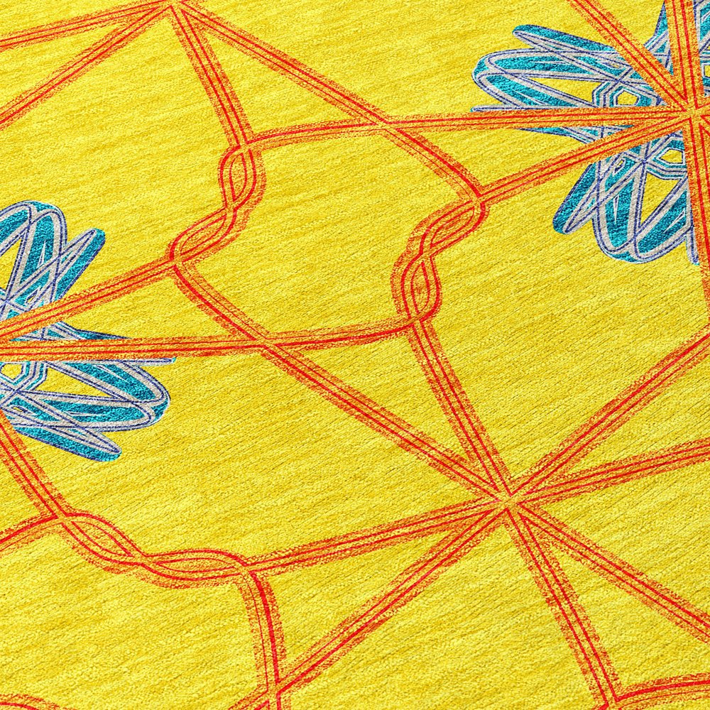 9' X 12' Yellow And Teal Blue Geometric Washable Indoor Outdoor Area Rug