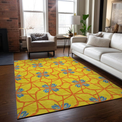 9' X 12' Yellow And Teal Blue Geometric Washable Indoor Outdoor Area Rug