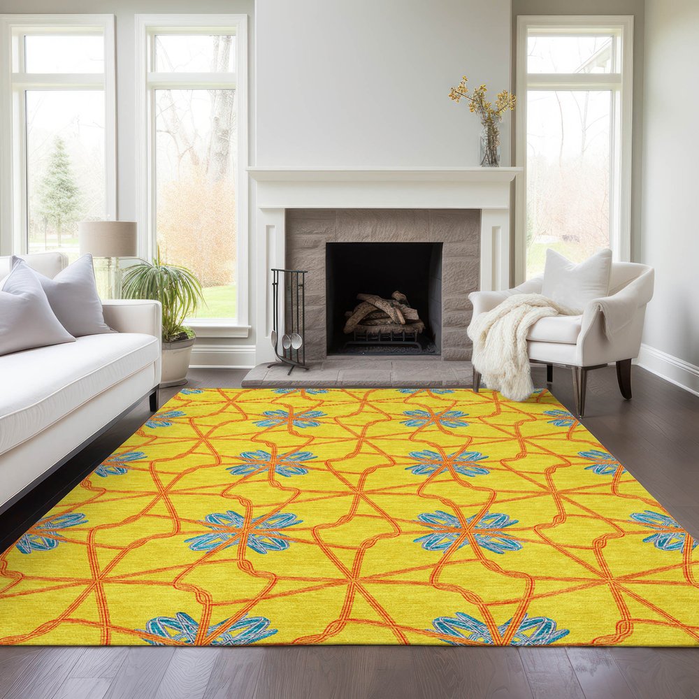 9' X 12' Yellow And Teal Blue Geometric Washable Indoor Outdoor Area Rug