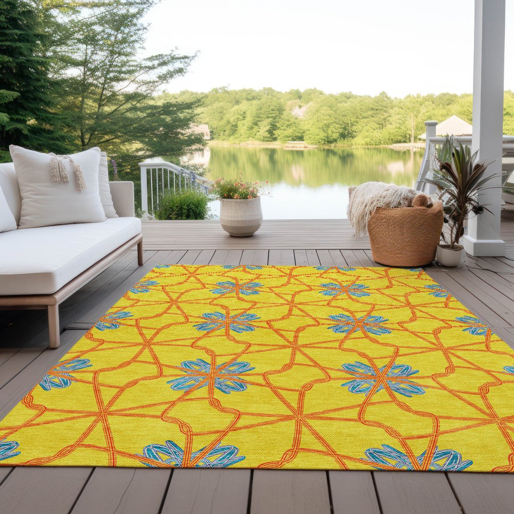 9' X 12' Yellow And Teal Blue Geometric Washable Indoor Outdoor Area Rug
