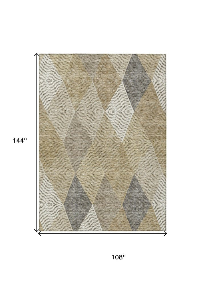 9' X 12' Wheat Taupe And Ivory Argyle Washable Indoor Outdoor Area Rug