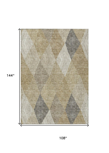 9' X 12' Wheat Taupe And Ivory Argyle Washable Indoor Outdoor Area Rug