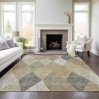 9' X 12' Wheat Taupe And Ivory Argyle Washable Indoor Outdoor Area Rug