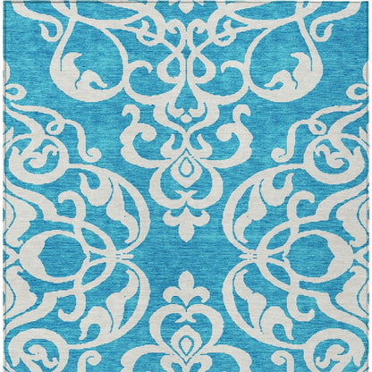 9' X 12' Turquoise And Ivory Damask Washable Indoor Outdoor Area Rug