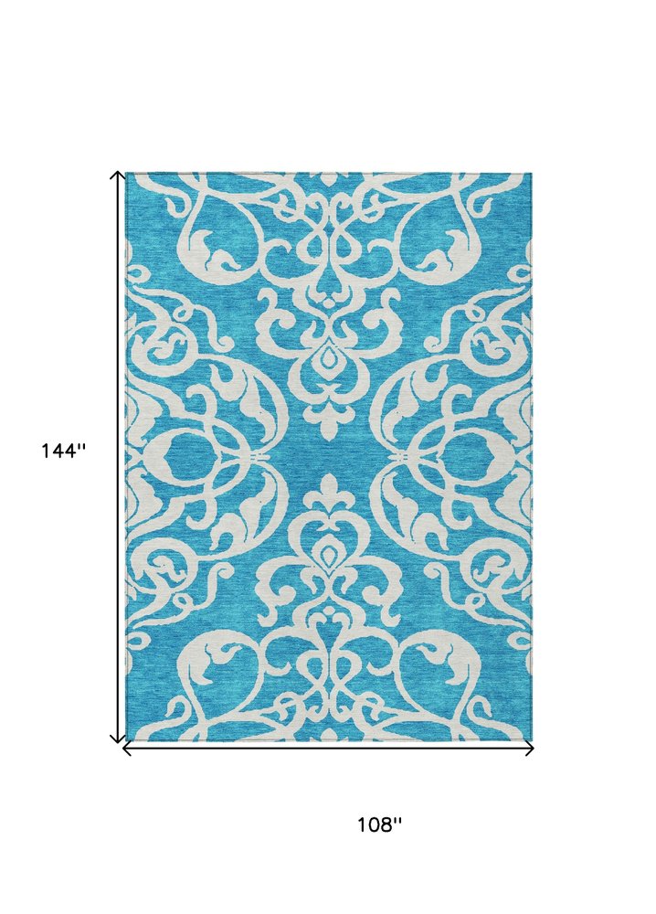9' X 12' Turquoise And Ivory Damask Washable Indoor Outdoor Area Rug