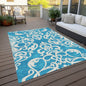 9' X 12' Turquoise And Ivory Damask Washable Indoor Outdoor Area Rug