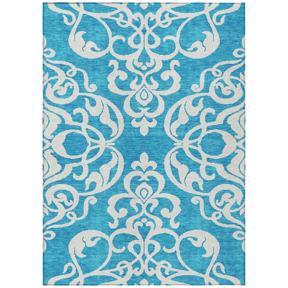 9' X 12' Turquoise And Ivory Damask Washable Indoor Outdoor Area Rug