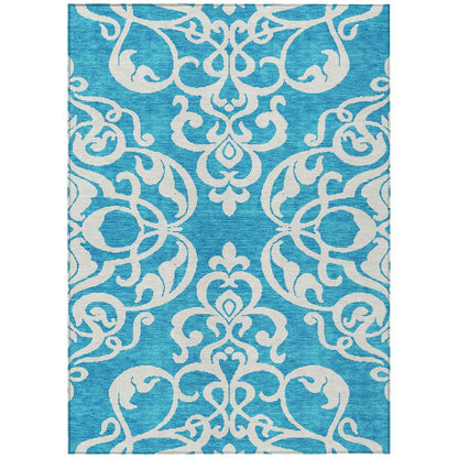 9' X 12' Turquoise And Ivory Damask Washable Indoor Outdoor Area Rug