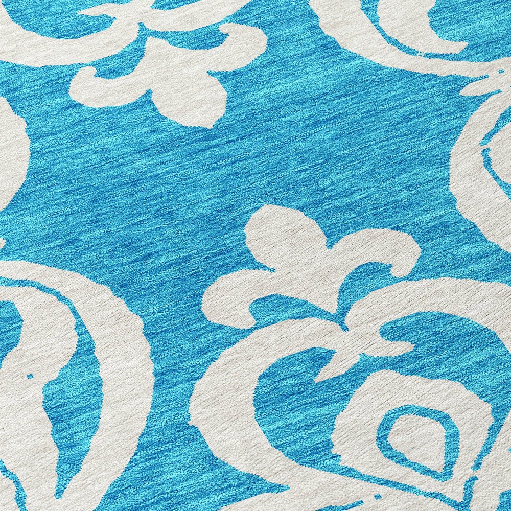 9' X 12' Turquoise And Ivory Damask Washable Indoor Outdoor Area Rug