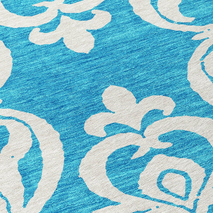 9' X 12' Turquoise And Ivory Damask Washable Indoor Outdoor Area Rug