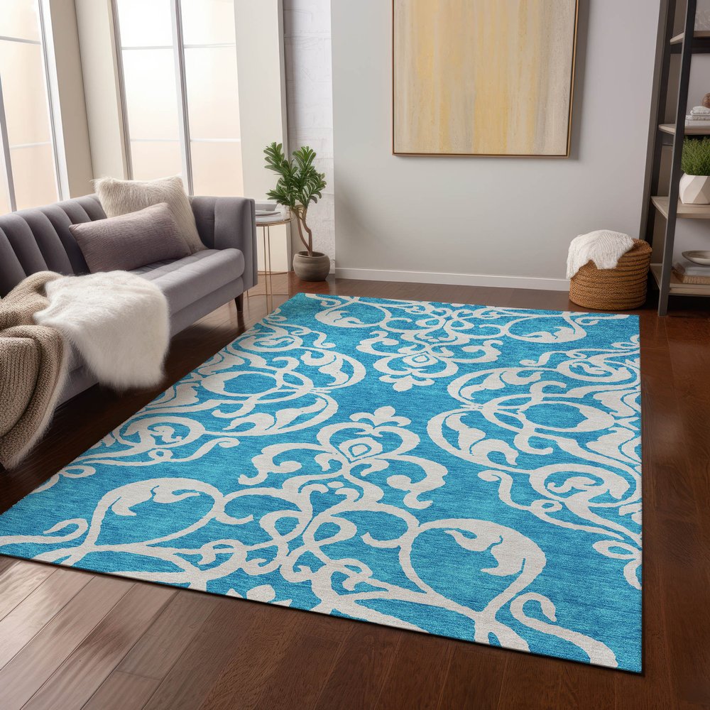 9' X 12' Turquoise And Ivory Damask Washable Indoor Outdoor Area Rug