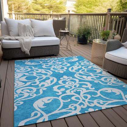 9' X 12' Turquoise And Ivory Damask Washable Indoor Outdoor Area Rug