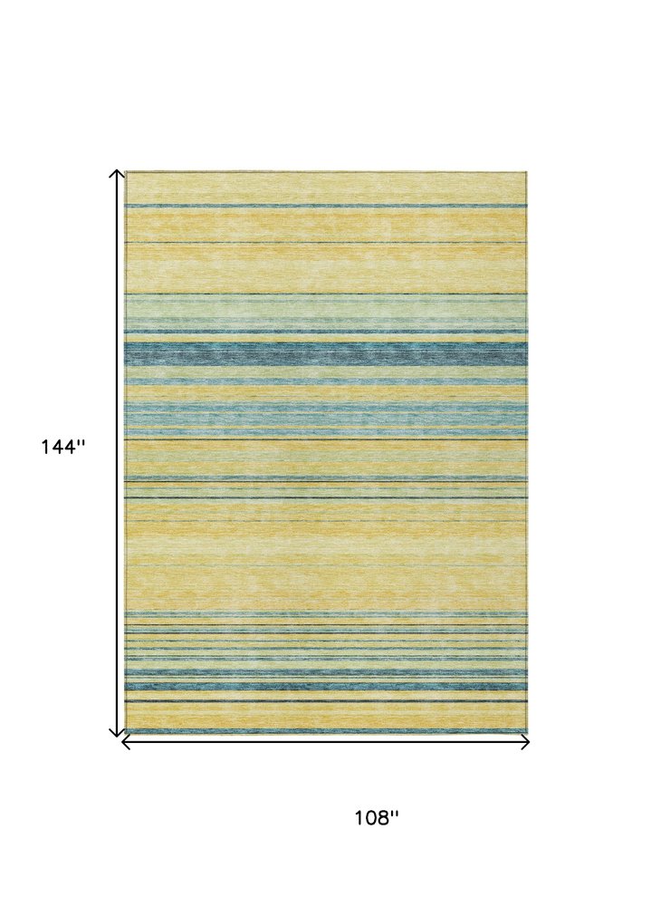 9' X 12' Yellow Denim Blue And Sky Blue Striped Washable Indoor Outdoor Area Rug