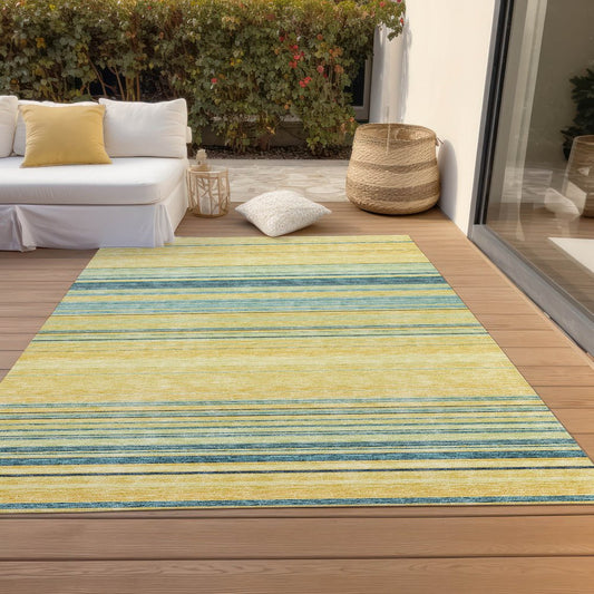 9' X 12' Yellow Denim Blue And Sky Blue Striped Washable Indoor Outdoor Area Rug
