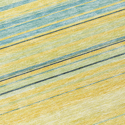 9' X 12' Yellow Denim Blue And Sky Blue Striped Washable Indoor Outdoor Area Rug