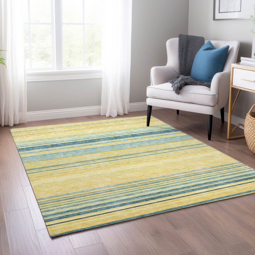 9' X 12' Yellow Denim Blue And Sky Blue Striped Washable Indoor Outdoor Area Rug