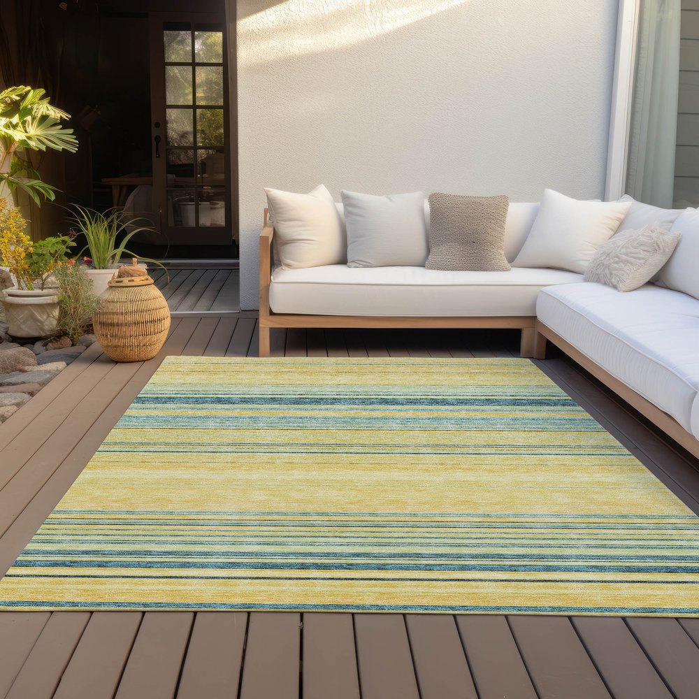 9' X 12' Yellow Denim Blue And Sky Blue Striped Washable Indoor Outdoor Area Rug