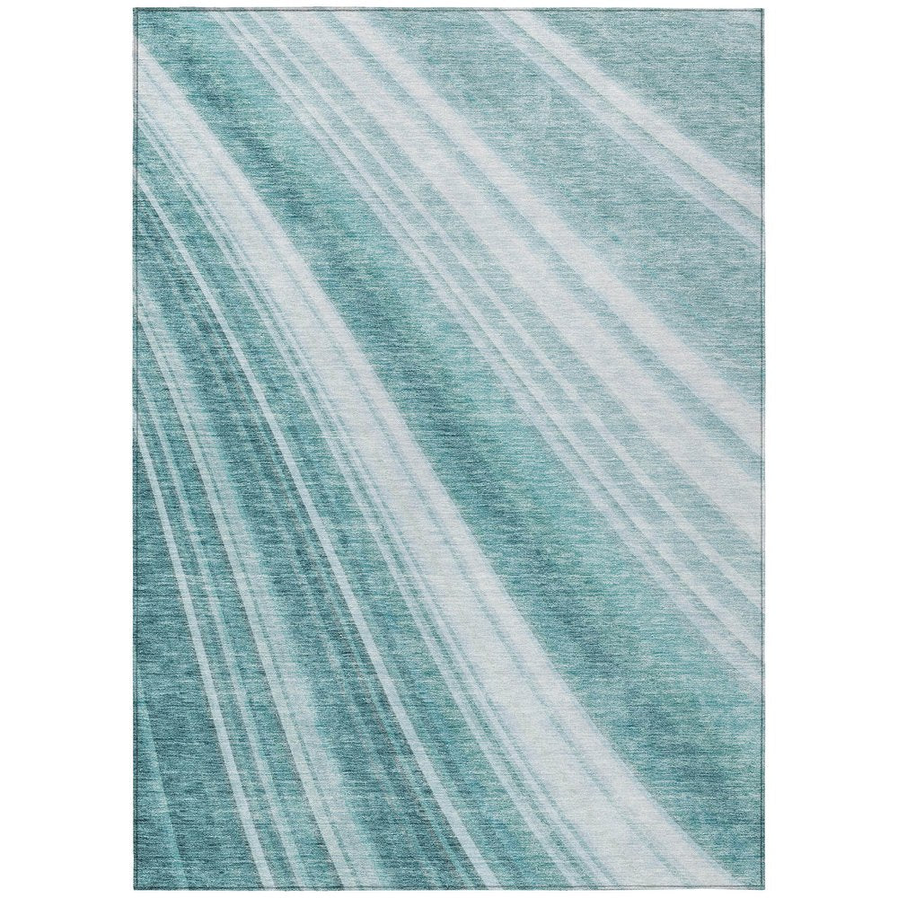 9' X 12' Teal Blue Turquoise And Aqua Striped Washable Indoor Outdoor Area Rug